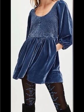 Free People Velvet Smocked Bodice Dress - Navy Blue